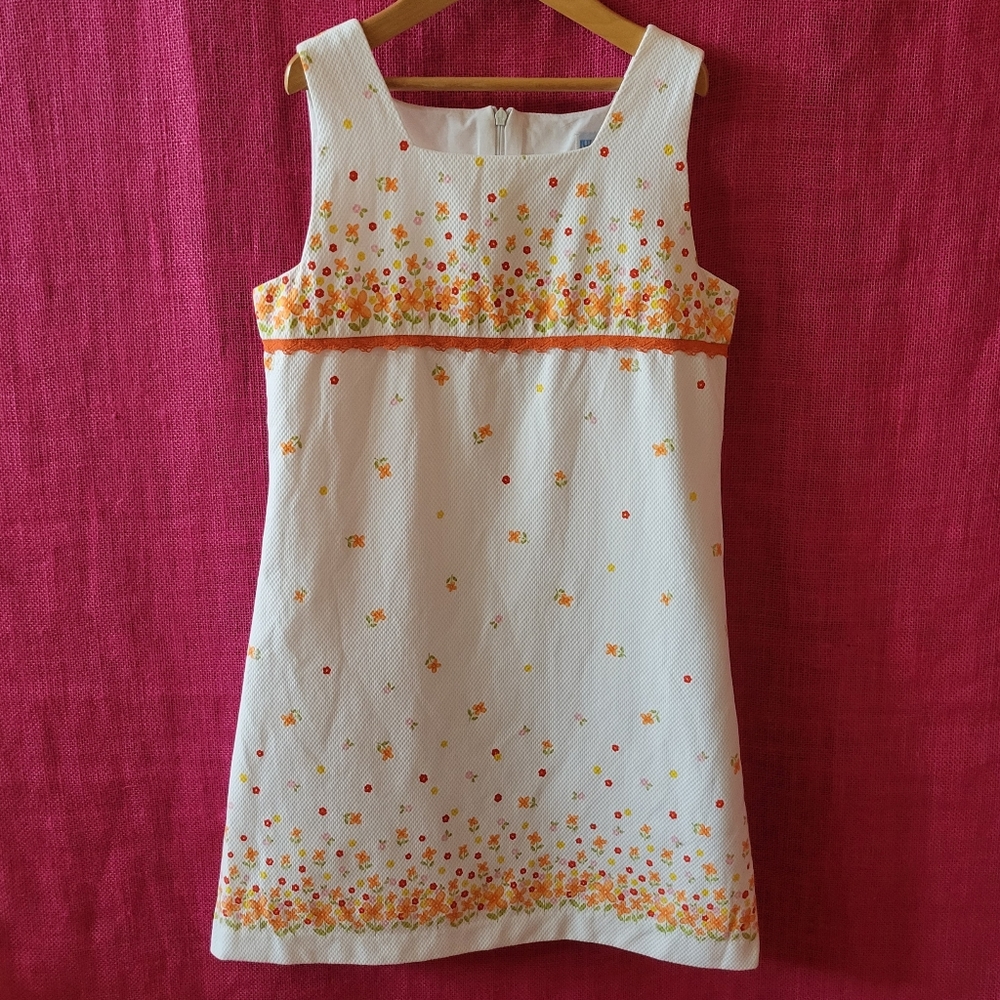 Luli & Me White Pique Floral Square Neck Shift Dress -12